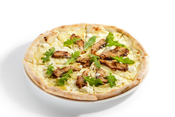 Pizza with eel, pear and cheese sauce