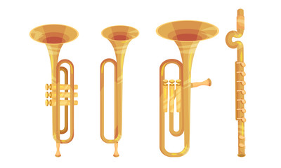 Wind Musical Instruments with Trumpet and Flute Vector Set