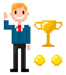 Pixel character with coins and trophy award vector, isolated man wearing business suit and tie smiling because of achievements, 8 bit graphics person