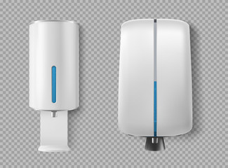 Wall dispenser for antibacterial soap and liquid coronavirus antiseptic. Pump and automatic lather containers for bath or toilet room set isolated on transparent background, Realistic 3d vector icons