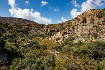 Fototapeta na wymiar Archaeological site in Wadi Bani Habib near Nizwa in Oman beautiful valley with ruins