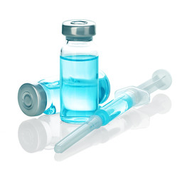 Medicine bottle for injection, medical glass vials and syringe for vaccination. Coronavirus concept.