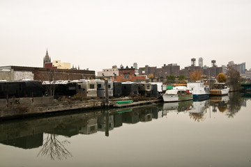 lonely city landscape with river and caravan parking