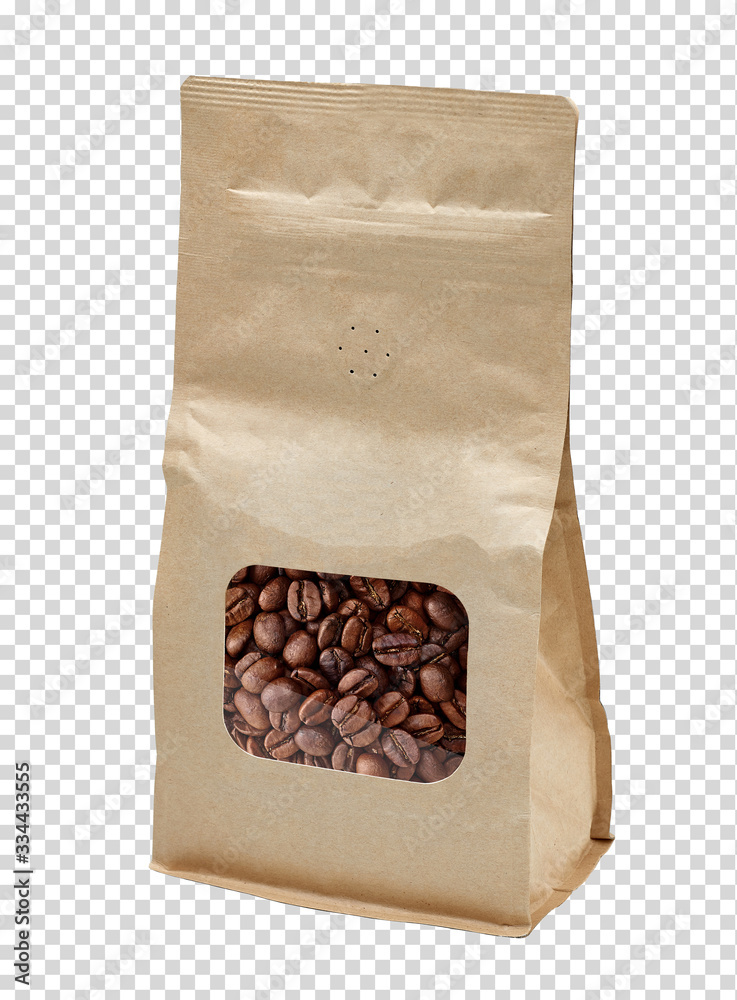 Wall mural Blank brown paper bag with coffee beans in transparent window mockup or mock up template on isolated background including clipping path.	