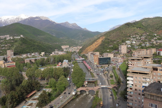 Armenian city of Kapan in spring. In the distance mount Khustup