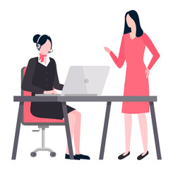 Woman writing business report, colleague gives her advices how to plan financial issues. Vector people working in team, planning and cooperation, teamwork