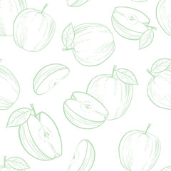 Hand drawn seamless pattern with apple fruit sliced in half with seed and leaves