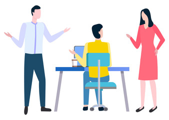 Teamwork or cooperation and business, men and woman vector. Office worker at desk with laptop and coffee cup, collaboration and consulting, colleagues