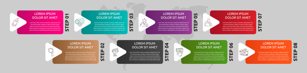 Vector template shape infographic. Business concept with 8 arrows and labels. Eight steps for graph, diagrams, slideshow