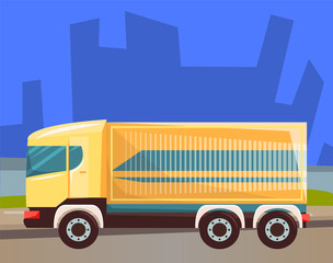 Lorry with compartment for goods or cargo vector, car transporting big items. Cityscape at night, silhouette of skyscrapers, van transport. Automobile service shipping and delivering objects