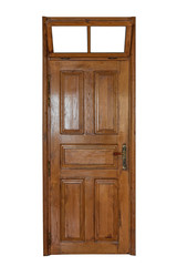 A wooden door with a window over it isolated on white background