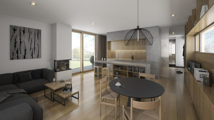 interior rendering of a modern living room in classic style
