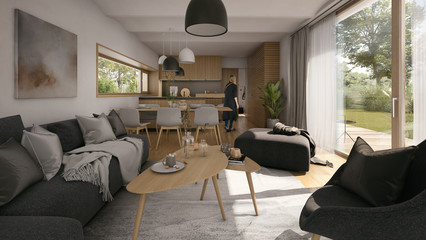 interior rendering of a modern living room in classic style