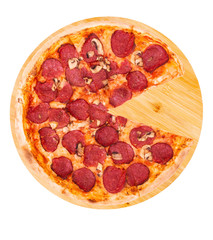 Salami pizza with mushrooms, without slice, on bamboo bottom isolate on white, top view