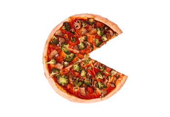 Pizza with veggie vegetables, without slice, top view isolate on white