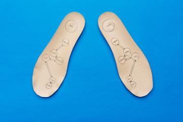 Pair of orthopedic insoles with names of human organs written on it on a blue background.