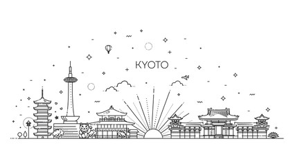 Set of flat icons of Kyoto landmarks and culture features vector illustration