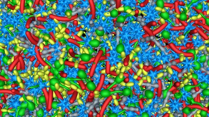 Microbiome swarm of colorful  microscopic life, virus, algae, cells, bacteria . 3d rendering illustration