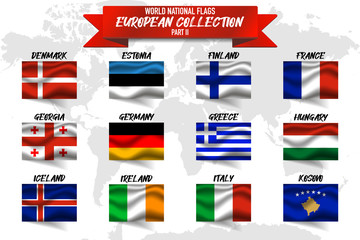 Set of realistic official world national flags, waving edition. isolated on map background. Objects, icons and symbol for logo. European Collection. Denmark, Estonia, Finland, France