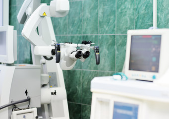 close-up surgical microscope in a modern neurosurgical clinic