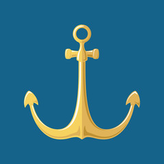 Gold flat anchor isolated on a blue background, silhouette marine equipment, travel and tourism concept, vector illustration