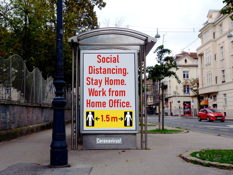 Home office concept. yellow and white billboard sign. Reminder to avoid Coronavirus by working from home. Isolation. Social distancing. virus hazard. called COVID-19. illustration style raster image. - Powered by Adobe