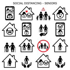Senior man and woman social distancing at home vector icons set, grandparents leaving alone using video calls to connect with their grandchildren and family