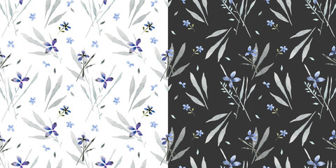 Seamless pattern of leaves and wild flowers in watercolor.