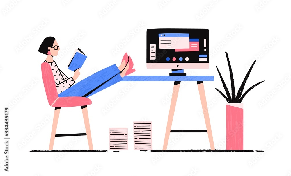 Poster cartoon relaxed woman reading book enjoying break vector flat illustration. colorful female putting 