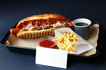 Close up of hot dog. Fast food.