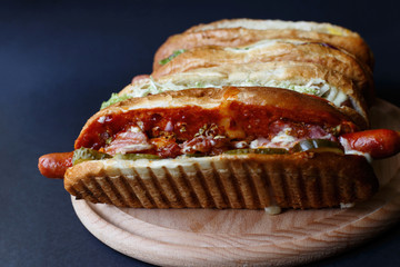 Close up of hot dog. Fast food.