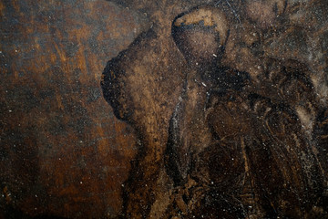 Rusty metal texture grunge background with old dirty brown stain pattern on damaged steel wall surface. Vintage rough iron metallic plate with rust detail