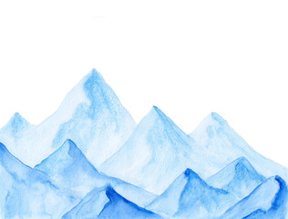 Watercolor bright and calm landscape of vibrant blue mountains peaks. Peaceful tranquil hand drawn nature background for relaxation, meditation and restoration. Paper arts hand drawn sketch. 