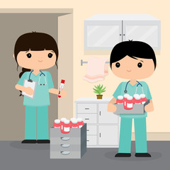 Doctor young man and woman working in the room at hospital. Medical concept in vector illustration cartoon character design.