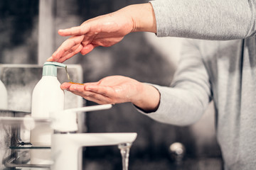 Coronavirus. Proper washing and handling of hands. Liquid antibacterial soap. Self-isolation and hygiene.