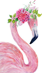 Watercolor illustration of flamingo and flowers, for wedding cards, romantic prints, fabrics, textiles and scrapbooking.