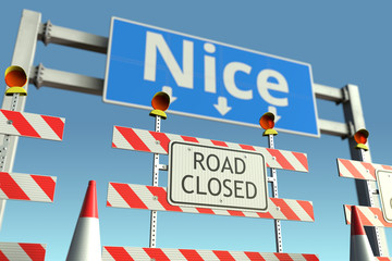 Roadblock near Nice city traffic sign. Coronavirus disease quarantine or lockdown in France conceptual 3D rendering