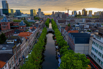 Aerial drone photo of The Hague at Sunrise with its beautiful Skyline
