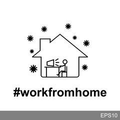 work from home.simple icons of people working inside and at home and many viruses outside the home 