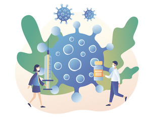 COVID-19 prevention. Coronavirus concept. Stop novel coronavirus (2019-nCoV). Tiny people in white medical face mask. Modern flat cartoon style. Vector illustration on white background