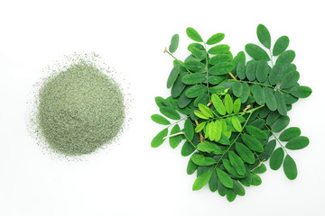 Flat Lay of Leaves Moringa and Moringa Powder