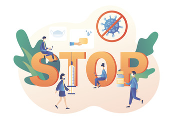 COVID-19 prevention. Coronavirus concept. Stop novel coronavirus (2019-nCoV). Tiny people in white medical face mask. Modern flat cartoon style. Vector illustration on white background