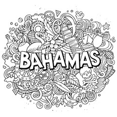 Bahamas hand drawn cartoon doodles illustration. Funny travel design.