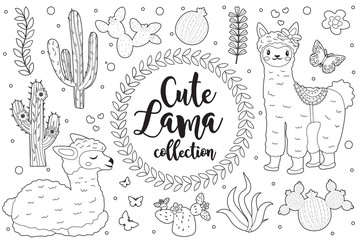 Cute little llama set Coloring book page for kids. Collection of design element sketch outline style. Kids baby clip art funny smiling kit. Vector illustration © Lucia Fox