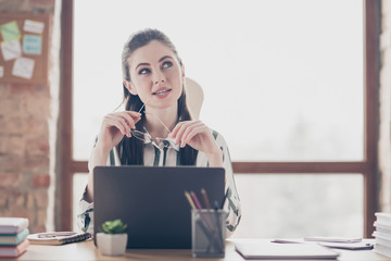 Close-up portrait of nice attractive dreamy smart clever minded girl creating solution solving...