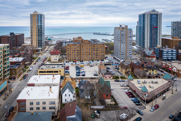 Aerial view of Milwaukee Wisconsin including McKinley Marina 