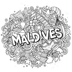 Maldives hand drawn cartoon doodles illustration. Funny travel design.