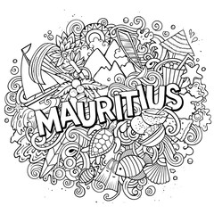 Mauritus hand drawn cartoon doodles illustration. Funny travel design.