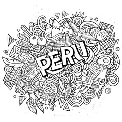 Peru hand drawn cartoon doodles illustration. Funny design.