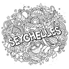 Seychelles hand drawn cartoon doodles illustration. Funny travel design.